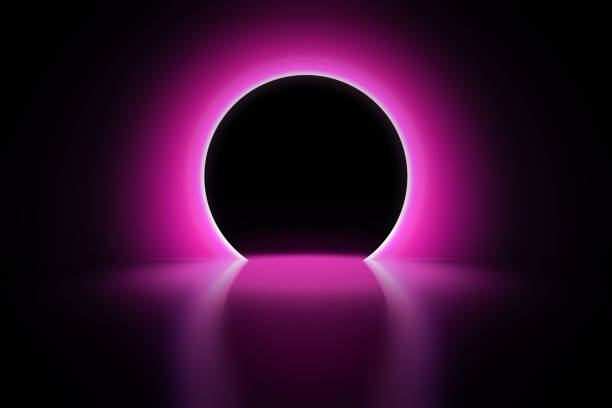 istock Pink neon round frame. Luminous swirling bunner. Glowing spiral. Light Ring background. Abstraction geometric neon circle. Shine LED ellipse 3D illustrator 1206458396