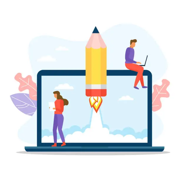 Vector illustration of People working near a big laptop and pencil rocket taking off