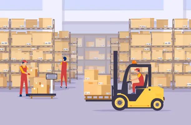 Vector illustration of Vector of a warehouse with boxes and employees managing goods