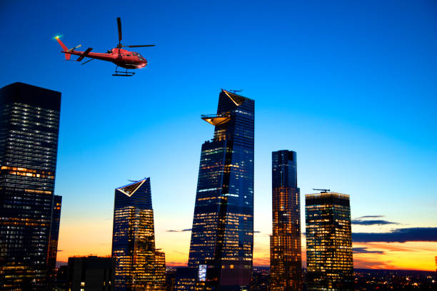 istock Helicopter flying over Manhattan at sunset 1206461681