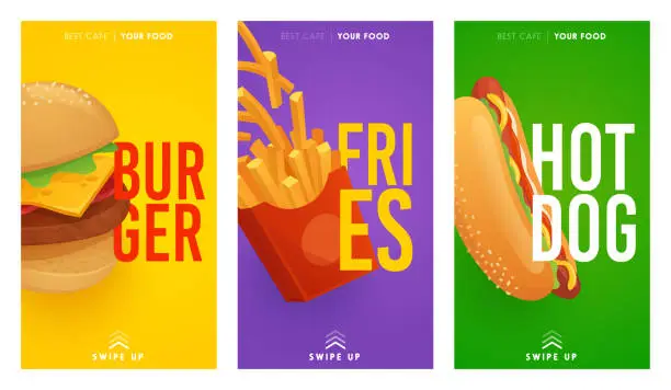 Vector illustration of Social Media stories template on theme Fast Food. Set of banners square shape on theme Fast Food. Design of advertising in social networks. Food Promotion. Burger, fries, noodles, hot dog card