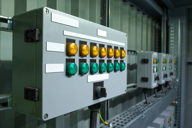 istock Control panel with green and orange signalization on the ex protected box with white blank tables, Czech Republic 1206463448