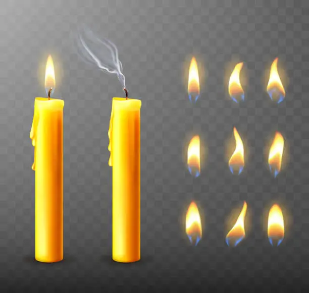 Vector illustration of Burning, extinguished candle, dripping wax