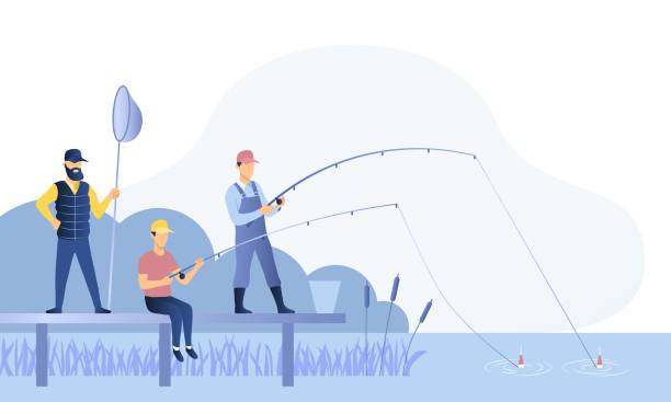 Group of fishermen fishing off a jetty Group of fishermen or anglers fishing together off a jetty on a river with rods, reels and a net, colored vector illustration fishers of men illustrations stock illustrations