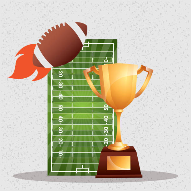 ilustraciones, imágenes clip art, dibujos animados e iconos de stock de cartel deportivo superbowl con globo y trofeo en el estadio - american football playing touchdown team sport