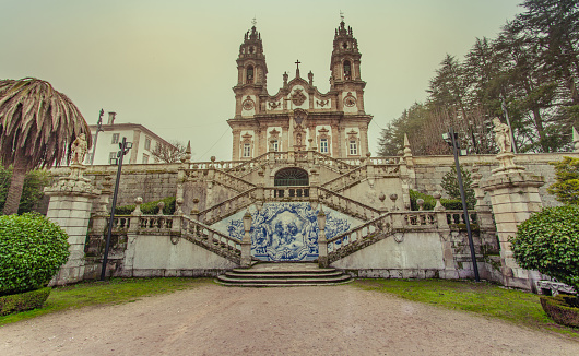 church Sanctuary of Nossa Senhora dos Remédios in the morning mist Lamego Portugal