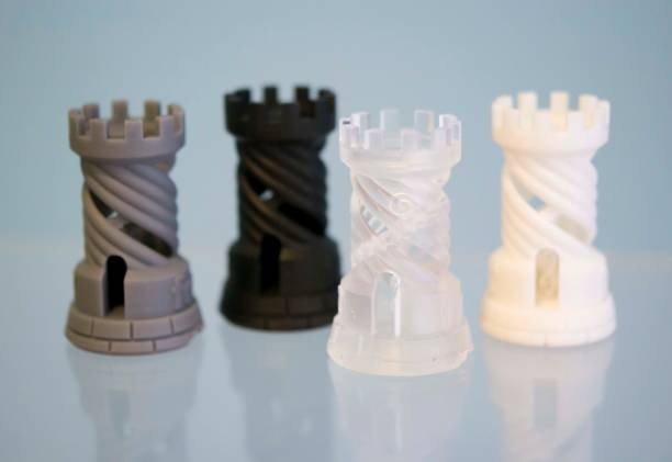 Four Objects photopolymer printed on 3d printer. Four Objects photopolymer printed on 3d printer. Stereolithography 3D printer, technology liquid photopolymerization UV light. Progressive modern additive technology. Concept 4.0 industrial revolution polymer photos stock pictures, royalty-free photos & images