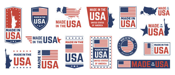 미국 산 라벨. 미국 국기 엠블럼, 애국자 자랑 국가 라벨 아이콘 및 미국 라벨 스탬프 벡터 격리 기호 세트 - state emblem stock illustrations