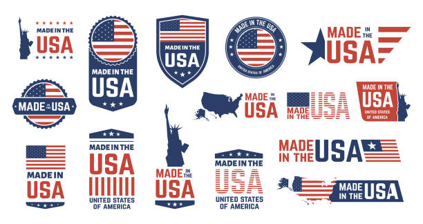 ilustrações de stock, clip art, desenhos animados e ícones de made in usa badges. patriot proud label stamp, american flag and national symbols, united states of america patriotic emblems vector icon set - made in the usa usa computer icon symbol