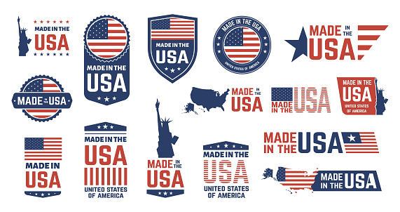 Made in USA badges. Patriot proud label stamp, American flag and national symbols, United States of America patriotic emblems vector set. US product stickers, national independence day 4th july badges
