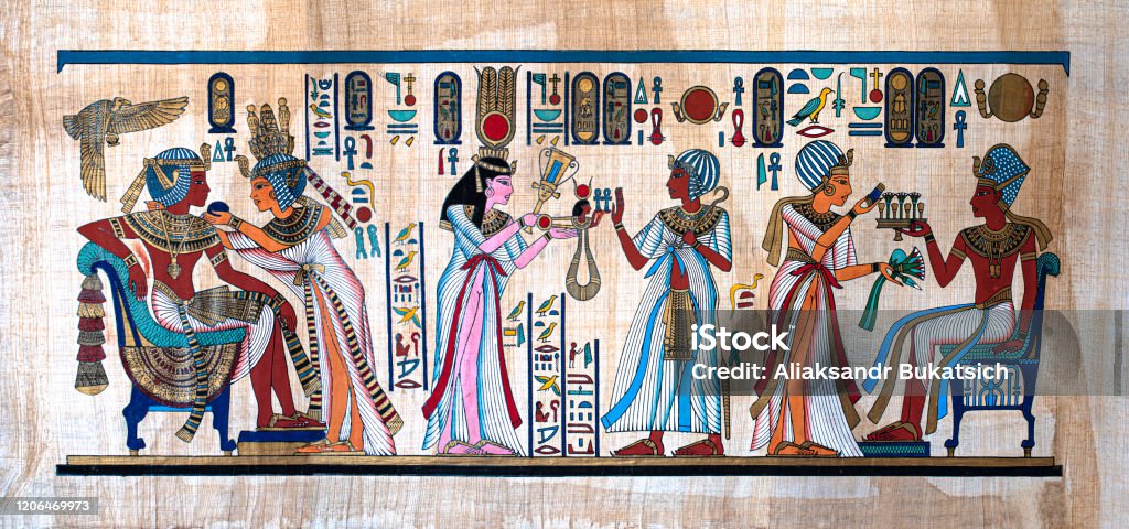 Ancient Egyptian painting on papyrus Ancient Egyptian painting on papyrus. Egypt Stock Photo
