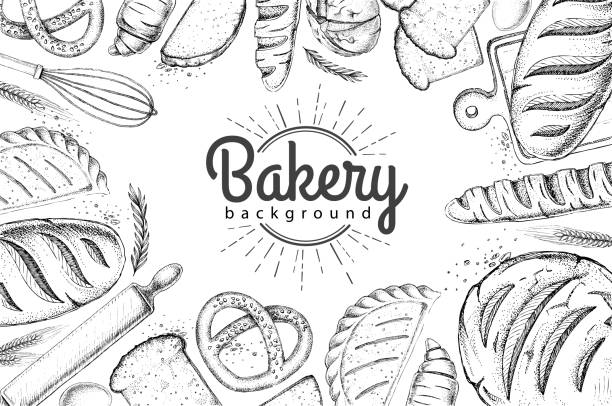 Bakery background. Top view of bakery products Bakery background. Top view of bakery products bread backgrounds stock illustrations