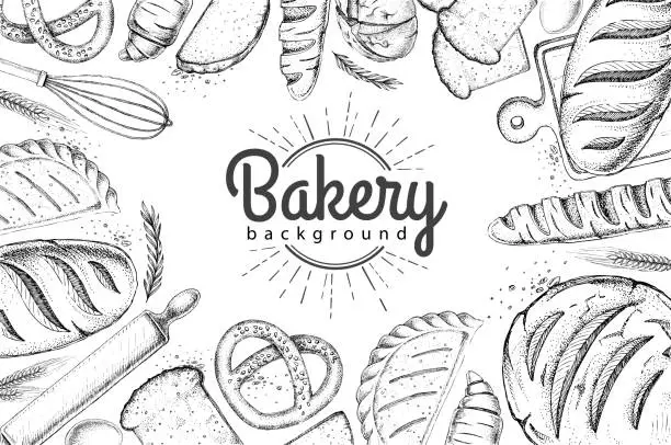 Vector illustration of Bakery background. Top view of bakery products