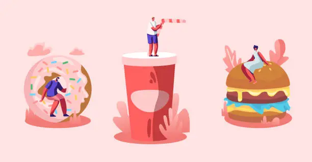 Vector illustration of Set of Tiny Male and Female Characters Interacting with Fastfood. Huge Burger with Mustard, Donut and Soda Drink. People Eating Street Fast Food in Cafe, Junk Meal Cartoon Flat Vector Illustration