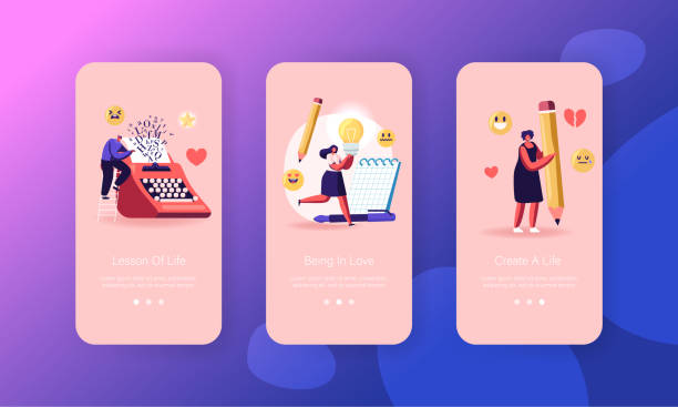 illustrations, cliparts, dessins animés et icônes de les auteurs créent book mobile app page à bord de l’écran. les gens appréciant le passe-temps d’écriture, tapant sur la machine à écrire, mettent des idées dans le concept de cahier pour le site web ou la page web, illustration plate de vecteur - creativity thinking author writing