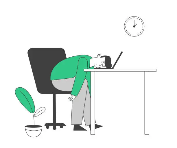 Vector illustration of Tired or Boring Businessman Lying on Laptop. Emotional Burnout, Hard Work Business Man Dreaming at Working Place with Computer in Office, Sleeping Employee Cartoon Flat Vector Illustration, Line Art