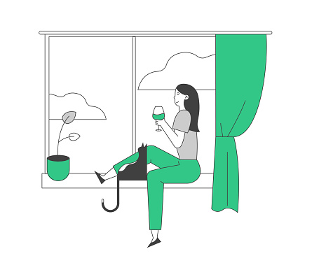 Young Woman Sitting on Windowsill with Cat Holding Glass and Drinking Wine Looking through Window. Weekend Home Relaxation, Leisure Spare Time, Girl with Pet Cartoon Flat Vector Illustration, Line Art