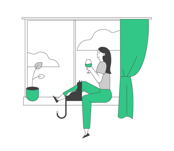 Young Woman Sitting on Windowsill with Cat Holding Glass and Drinking Wine Looking through Window. Weekend Home Relaxation, Leisure Spare Time, Girl with Pet Cartoon Flat Vector Illustration, Line Art Young Woman Sitting on Windowsill with Cat Holding Glass and Drinking Wine Looking through Window. Weekend Home Relaxation, Leisure Spare Time, Girl with Pet Cartoon Flat Vector Illustration, Line Art zills stock illustrations