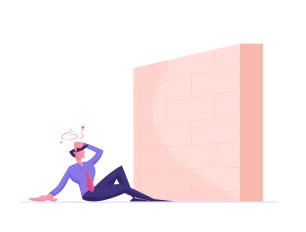 Vector illustration of Business Obstacle and Barrier Concept. Businessman Sit on Ground with Dizzy Head front of High Brick Wall Face Difficulty on Way to Goal Achievement. Path to Success Cartoon Flat Vector Illustration
