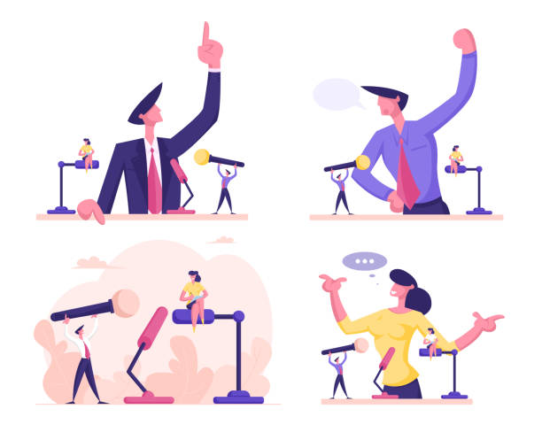Man and Woman Stand Behind of Podium with Microphone Speaking with Index Finger Pointing Up. Candidate Speech, Lecture Political Discussion or Presidential Election. Cartoon Flat Vector Illustration Man and Woman Stand Behind of Podium with Microphone Speaking with Index Finger Pointing Up. Candidate Speech, Lecture Political Discussion or Presidential Election. Cartoon Flat Vector Illustration president illustrations stock illustrations