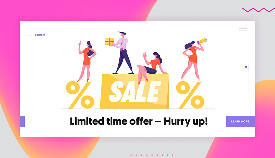 Discount Offer Announcement Website Landing Page. Businesspeople Promoters with Loudspeaker and Gift Box Stand on Huge Sale Banner and Percent Symbols Web Page Banner. Cartoon Flat Vector Illustration