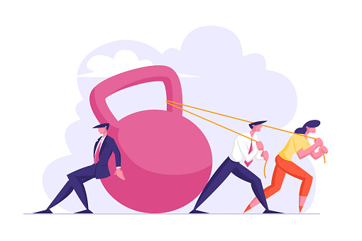 Group of Businesspeople Dragging Huge Weight Pushing and Pulling Dumbbell on Ropes, Businessmen and Businesswoman Bank Loan, Tax Payment Obligation, Financial Debt Cartoon Flat Vector Illustration