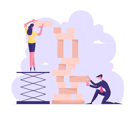 Corporate Business Strategy Concept. People Playing Team Game Building Huge Tower of Wooden Blocks. Company Recreation, Board Game Challenge, Colleagues Teamwork, Cartoon Flat Vector Illustration