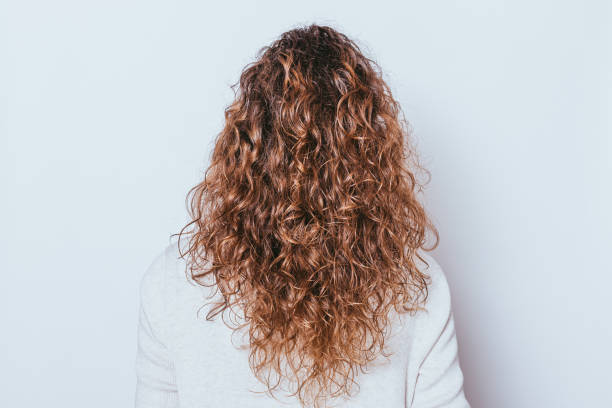 美しい長い自然巻き毛を持つリアビュー女性の頭 - hairstyle long hair curly hair women ストックフォトと画像