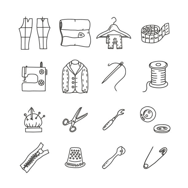 ilustraciones, imágenes clip art, dibujos animados e iconos de stock de cortar y coser - embroidery spool thread sewing