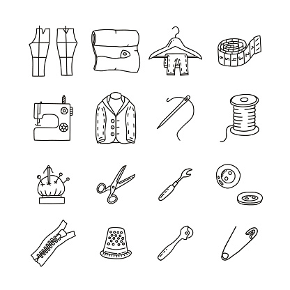 Cutting and sewing vector doodle set.