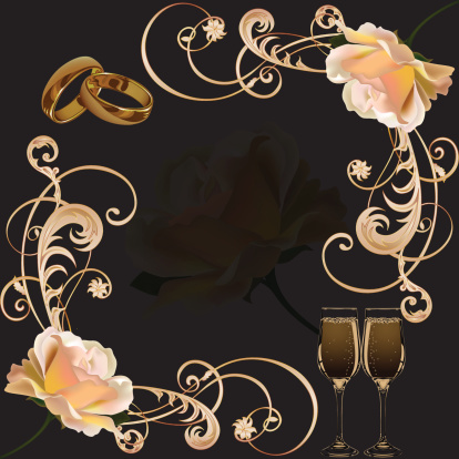 Wedding card with pattern, roses, rings, wine glasses, black background. Files include: Illustrator CS5, Illustrator 8.0 eps, SVG 1.1, pdf 1.5, JPEG 300 dpi, organized by layers, easy to edit.