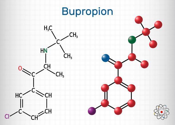 illustrazioni stock, clip art, cartoni animati e icone di tendenza di bupropione, molecola c13h18clno. è usato per il trattamento del disturbo depressivo maggiore (mdd), disturbo affettivo stagionale (sad), cessazione del fumo. foglio di carta in una gabbia. - h major