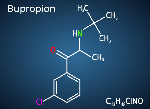 illustrazioni stock, clip art, cartoni animati e icone di tendenza di bupropione, molecola c13h18clno. è usato per il trattamento del disturbo depressivo maggiore (mdd), disturbo affettivo stagionale (sad), cessazione del fumo. formula chimica strutturale sullo sfondo blu scuro - h major