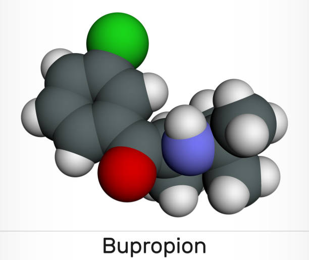 illustrazioni stock, clip art, cartoni animati e icone di tendenza di bupropione, molecola c13h18clno. è usato per il trattamento del disturbo depressivo maggiore (mdd), disturbo affettivo stagionale (sad), cessazione del fumo. modello molecolare - h major