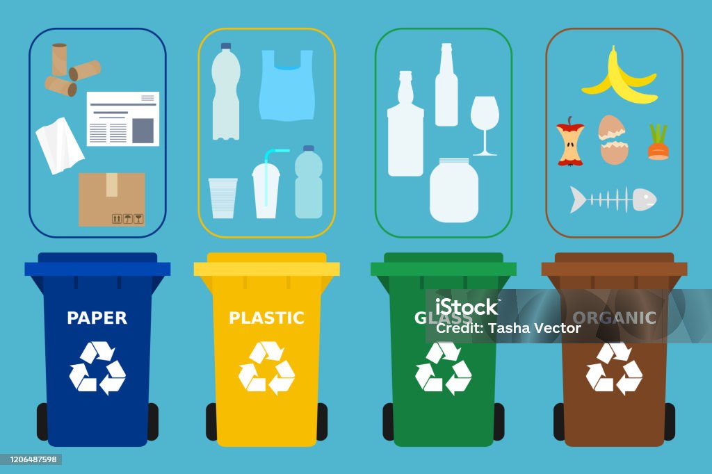 Different Colored Recycle Bins Different Waste Suitable For Recycling Paper  Plastic Glass And Organic Garbage Stock Illustration - Download Image Now -  iStock