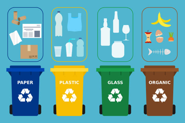 Different colored recycle bins. Different waste suitable for recycling. Paper, plastic, glass and organic garbage. Segregate waste, sorting garbage, waste management.Blue background.Vector Flat style recycling bin stock illustrations