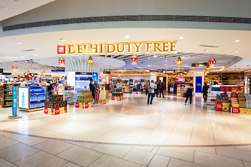 NEW DELHI, INDIA - OCTOBER 07, 2019: Duty Free store at the Indira Gandhi International Airport interior. Airport is situated in New Delhi city in India.
