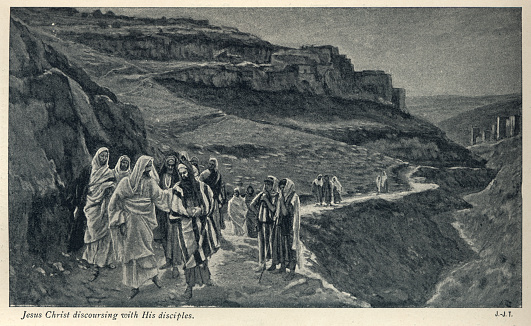 Vintage engraving of Jesus Christ discoursing with his disciples, by James Tissot