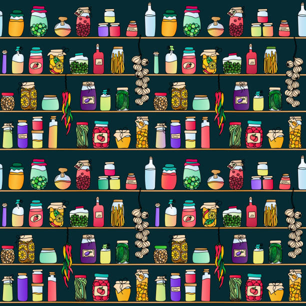 Preserves seamless pattern A colorful hand drawn seamless pattern. Pantry shelves filled with preserve jars and ristras. Food, preserves, jams, drinks, fruit, vegetables.... EPS10 vector illustration, global colors, easy to modify. mason jar stock illustrations