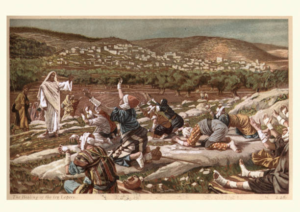 Vintage engraving of The healing of the ten Lepers, Jesus Christ Miracle, by James Tissot