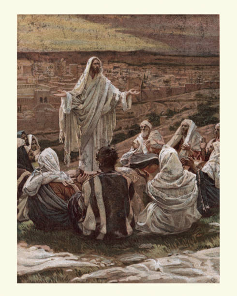 The lords prayer, Jesus with his worshippers Vintage engraving of The lords prayer, by James Tissot apostle worshipper stock illustrations