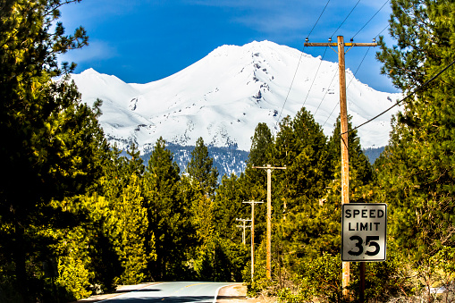 a Road leading to a snowcapped mountain, surrounded by fir trees, with a speed limit sign of 35, in California