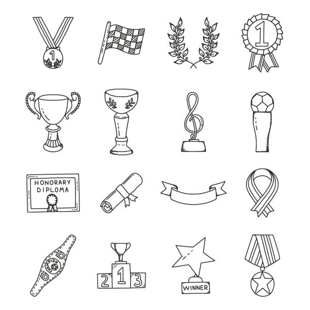 ilustraciones, imágenes clip art, dibujos animados e iconos de stock de conjunto de doodles de premios y ganadores - medal ribbon incentive award