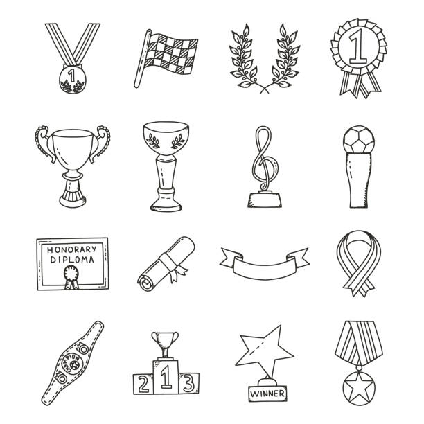 illustrations, cliparts, dessins animés et icônes de ensemble de prix et de gagnants doodles - medal ribbon incentive award