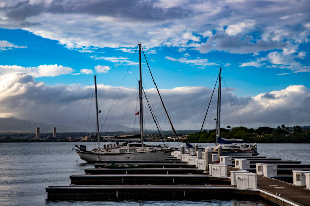 istock Sailboat Docked with cloudy blue sky 1206496794