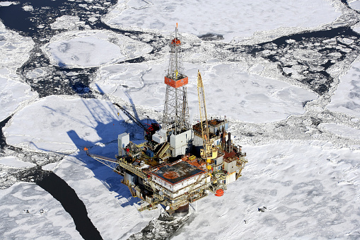 Aerial view of Off shore oil rig Cook Inlet Alaska in Winter photograph taken March 2007