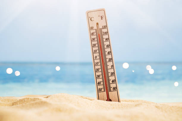 istock Thermometer On Sand Showing High Temperature 1206507529