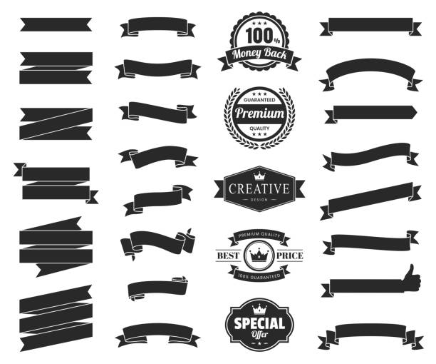 검은 색 리본, 배너, 배지, 라벨 세트 - 흰색 배경의 디자인 요소 - ribbon stock illustrations