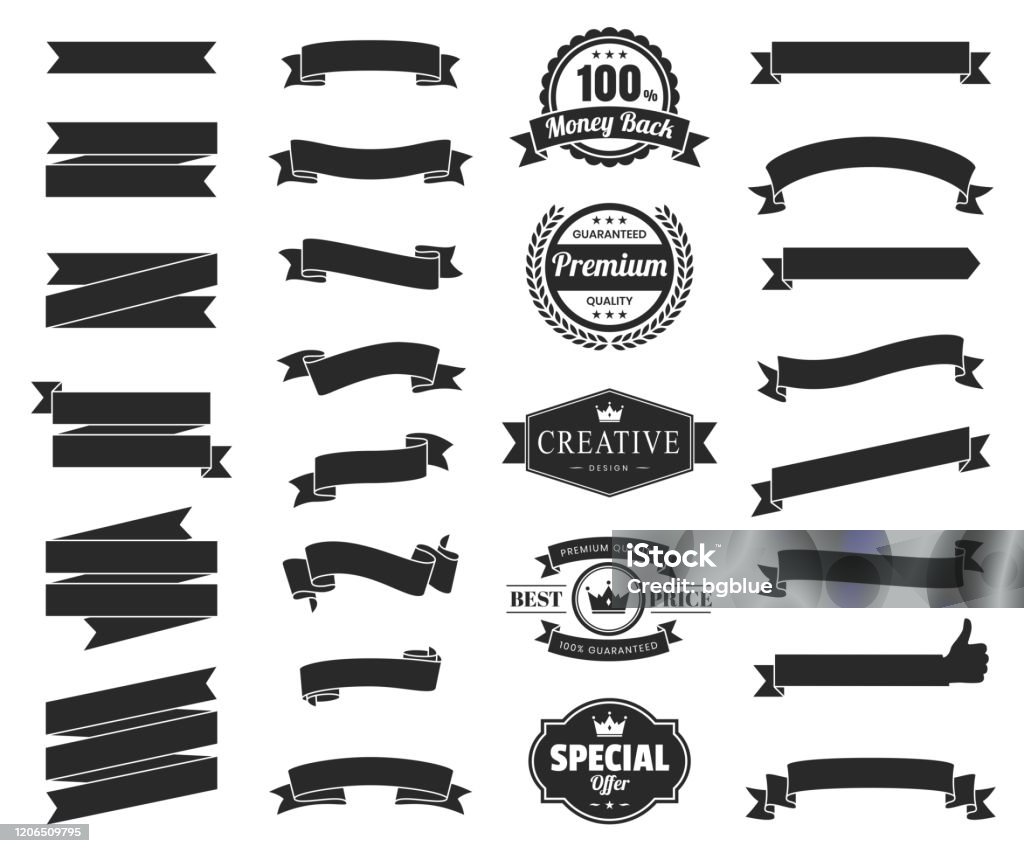 Set of Black Ribbons, Banners, badges, Labels - Design Elements on white background Set of Black ribbons, banners, badges and labels, isolated on a blank background. Elements for your design, with space for your text. Vector Illustration (EPS10, well layered and grouped). Easy to edit, manipulate, resize or colorize. Web Banner stock vector