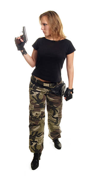 young woman 、ピストル型 - gun women semi automatic pistol young women ストックフォトと画像